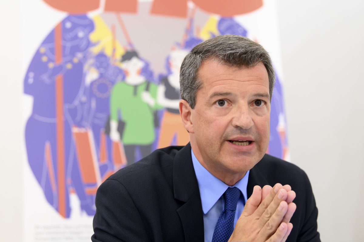 Werner Gartenmann, Geschaeftsfuehrer AUNS, spricht waehrend einer AUNS Medienkonferenz zu Begrenzungsinitiative, am Donnerstag, 30. Juli 2020, im Hotel Kreuz, in Bern. (KEYSTONE/Anthony Anex).