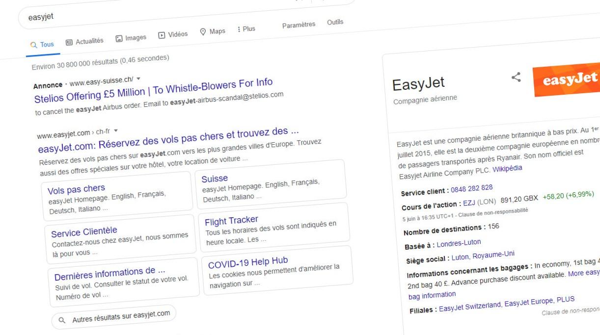 En effectuant une recherche avec le mot «easyjet» sur Google, la première occurrence qui s’affiche annonce la couleur: Stelios offre 5 millions de livres pour les informations d’un lanceur d’alerte.
