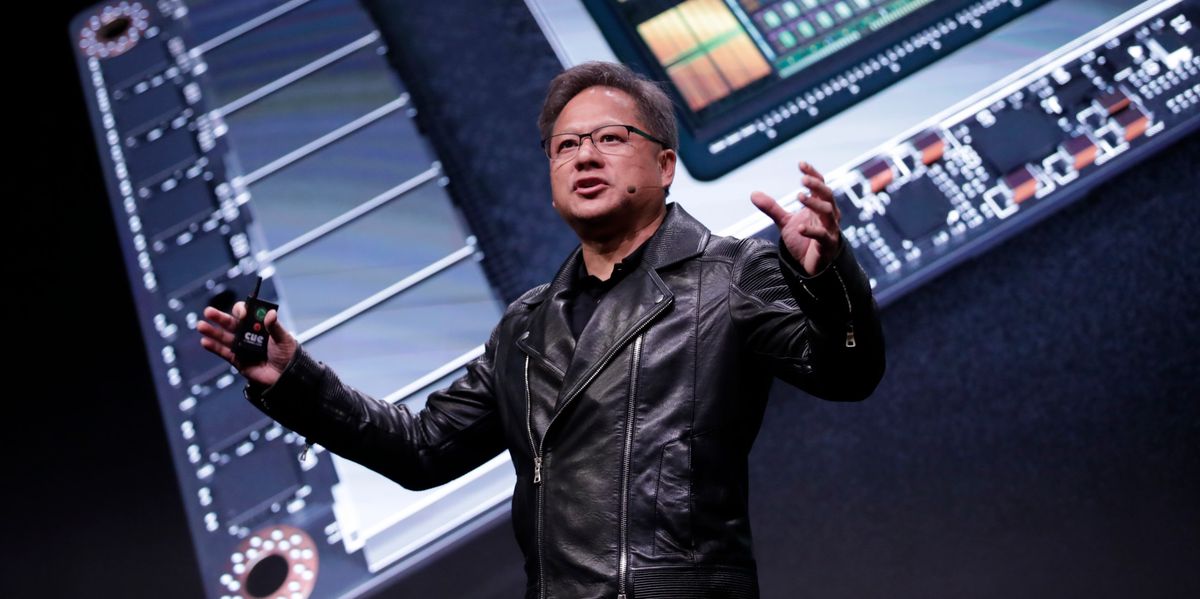 epa06772176 Nvidia president and CEO Jensen Huang speaks during the Annual GPU Technology conference in Taipei, Taiwan, 30 May 2018. Huang discussed Advance computing, Artificial intelligence and new GPU units during the conference. EPA-EFE/RITCHIE B. TONGO
