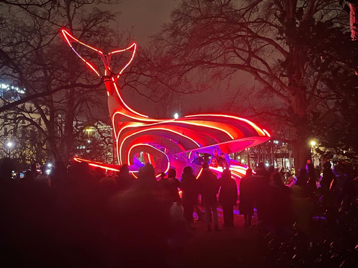 Installation lumineuse en forme de queue de baleine rouge, entourée de spectateurs, éclairant un parc pendant la nuit.