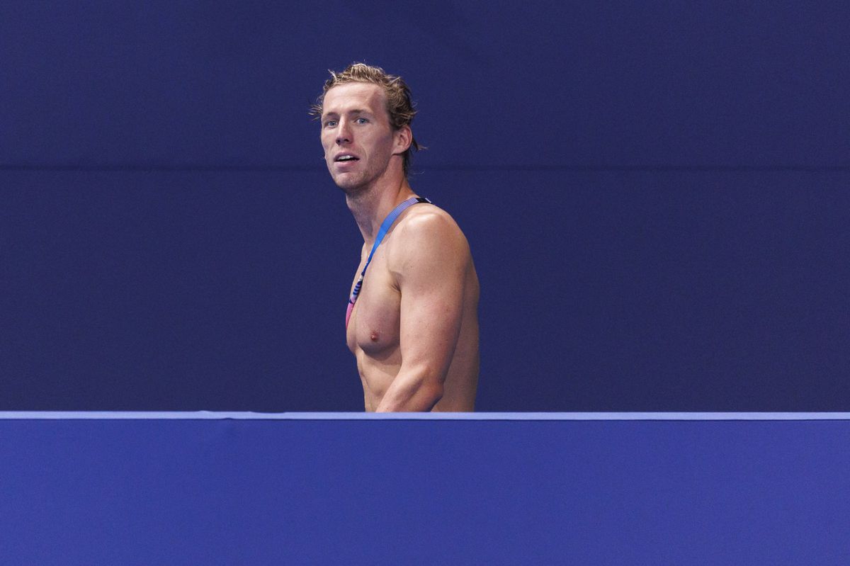 Jeremy Desplanches (SUI) walks out after competing in the Men's 4x100m Medley Relay Heats during the swimming events at the 2024 Paris Summer Olympics at La Defense Arena, in Paris, France, Saturday, August 3, 2024. (KEYSTONE/Patrick B. Kraemer)