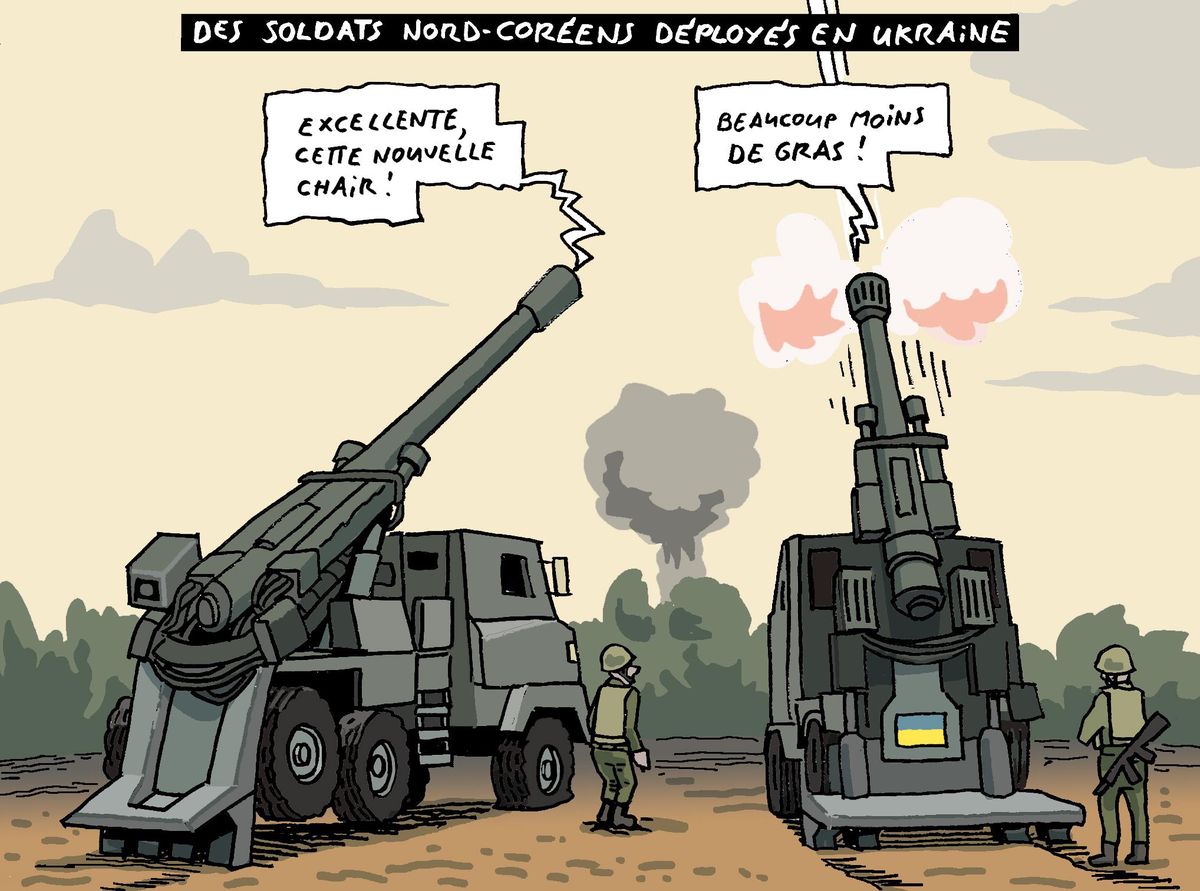 Caricature de soldats nord-coréens en Ukraine discutant des tirs d'armes, avec des dialogues humoristiques sur la nourriture.
