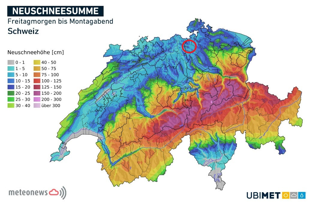 Übers Wochenende fällt fast in der ganzen Schweiz Schnee, auch im Zürcher Unterland (rot markiert), wo es in höheren Lagen an der Lägern insgesamt bis gegen 20 Zentimeter sein könnten.  