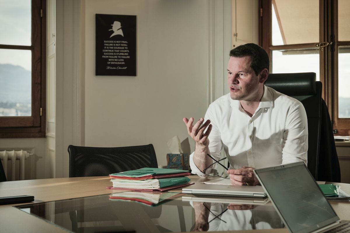 Genève, le 20 mars 2024.  Interview du conseiller d'Etat Pierre Maudet au sujet de la mobilité transfrontalière.