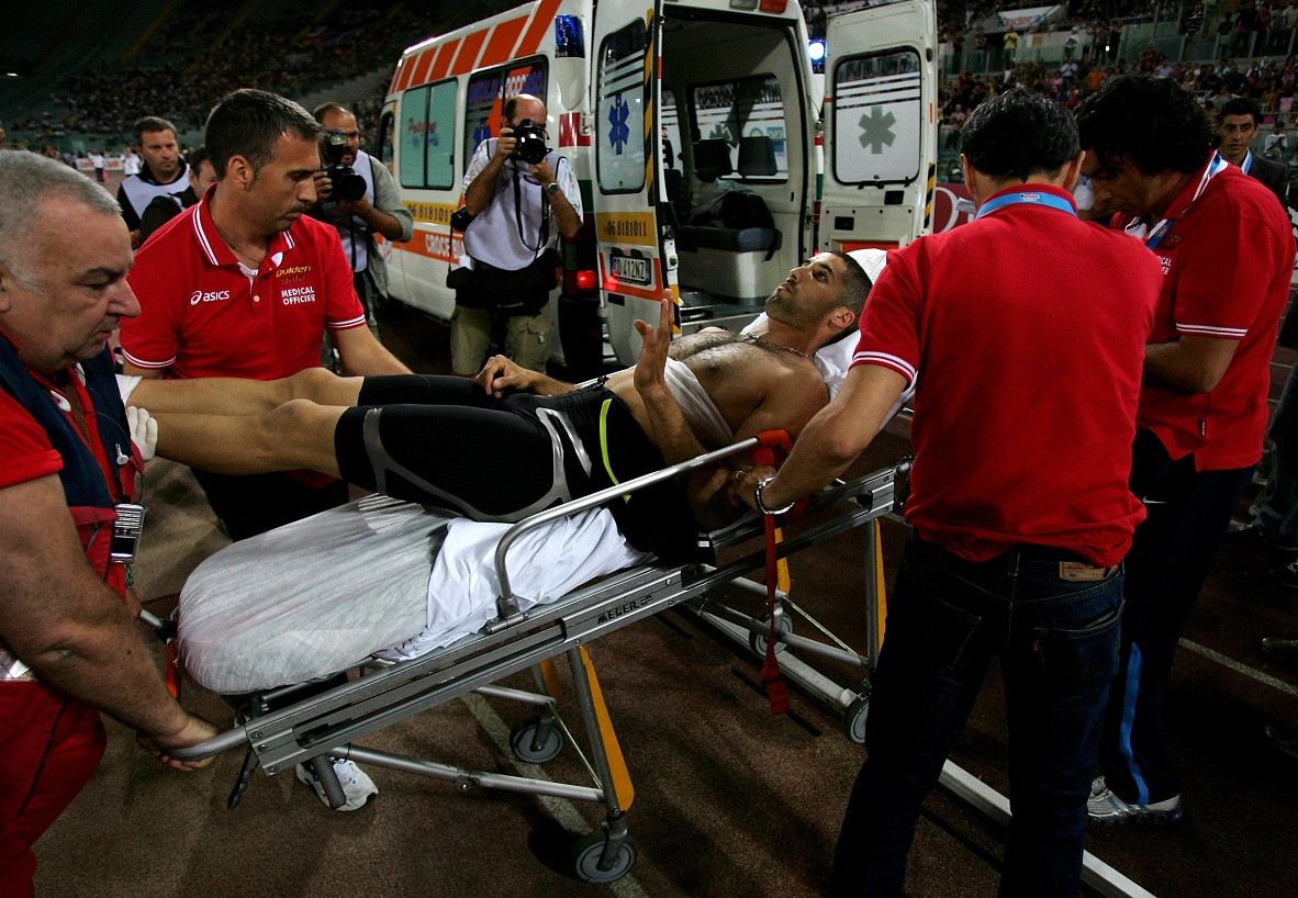 ROME - JULY 13:  Salim Sdiri of France is stretchered off after being injured in the Mens Long Jump  during the IAAF Golden Gala at The Olympic Stadium on July 13, 2007 in Rome, Italy  (Photo by Stu Forster/Getty Images)