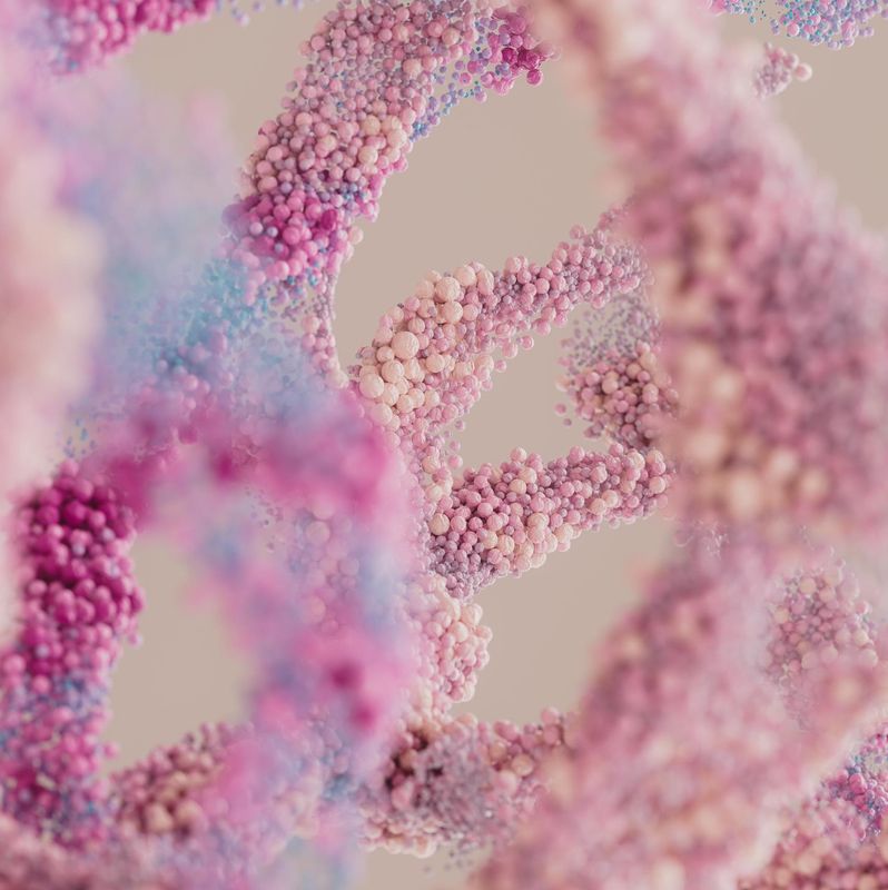 Formations abstraites en nuances de rose et bleu évoquant des structures moléculaires ou biologiques.