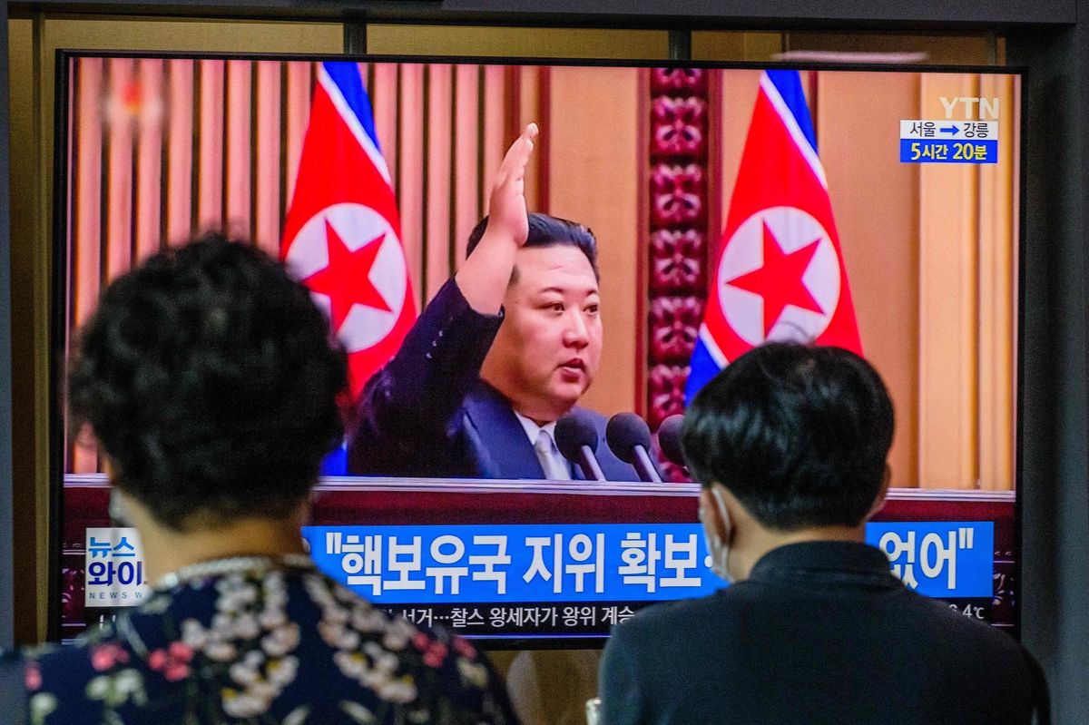 This September 9, 2022 file photo shows North Korean leader Kim Jong-un on a television screen at a train station in Seoul.