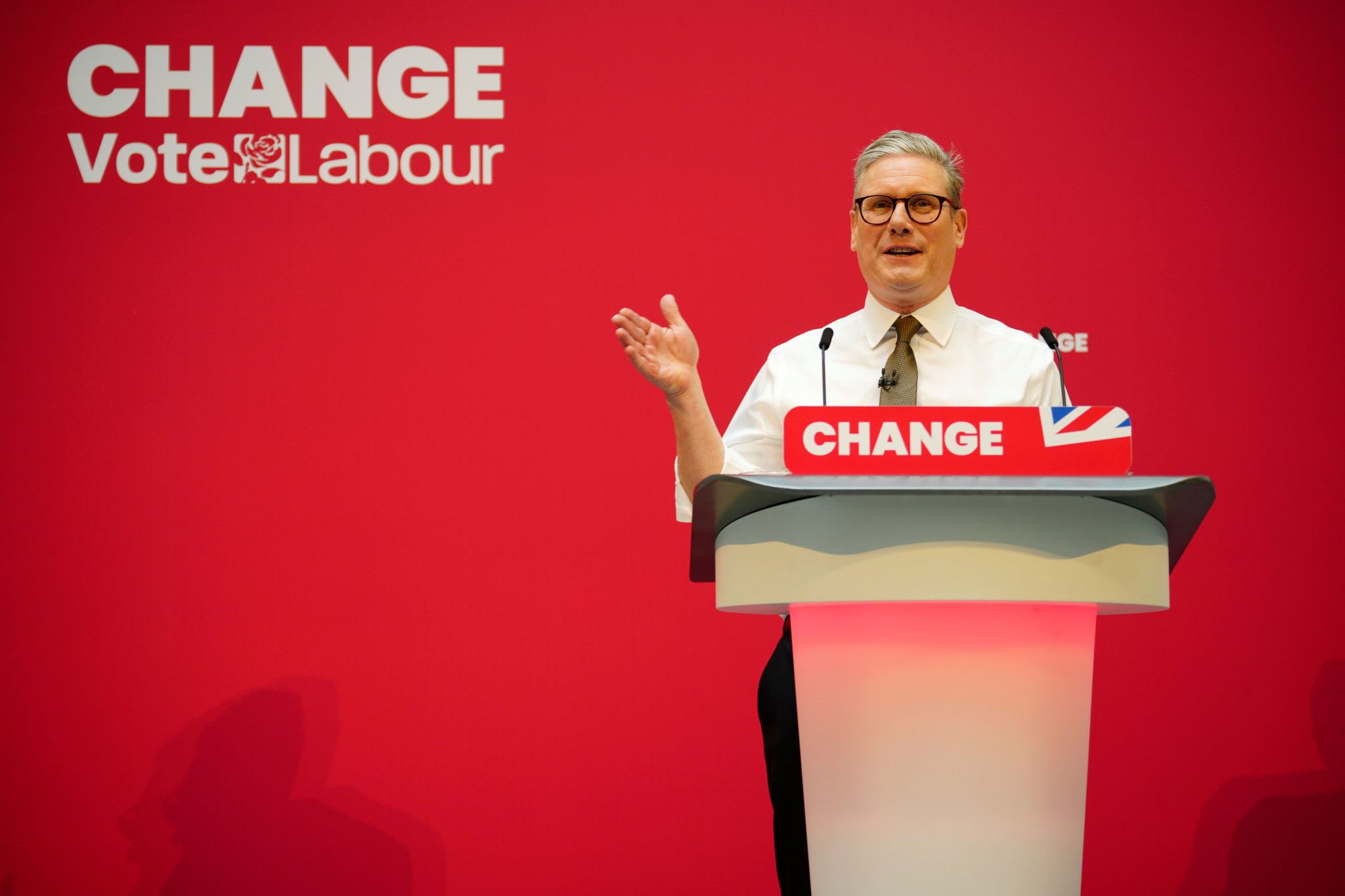 Britain's Labour Party leader Keir Starmer speaks on stage at the launch of The Labour party's 2024 general election manifesto in Manchester, England, Thursday, June 13, 2024. The election will take place on July 4. (AP Photo/Jon Super)
