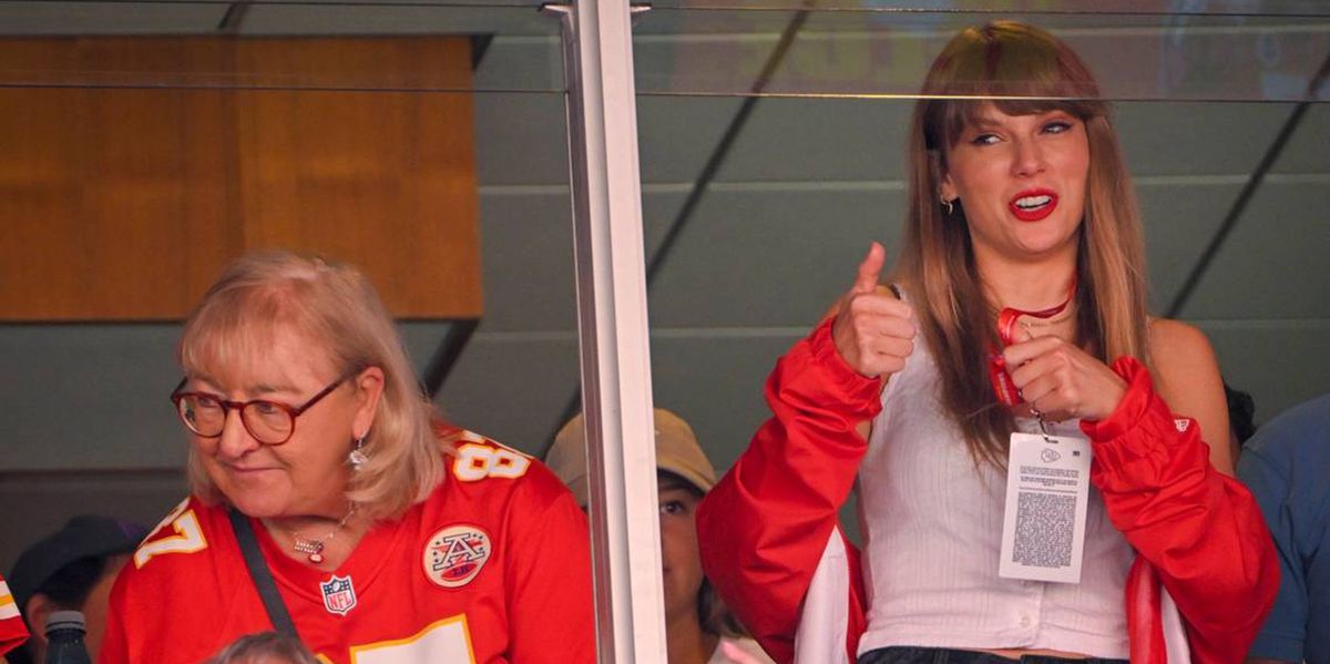 Donna Kelce, left, mother of Chiefs tight end Travis Kelce watched the game with pop superstar Taylor Swift, center, during the first-half on Sunday, Sept. 24, 2023, at GEHA Field at Arrowhead Stadium in Kansas City. (Tammy Ljungblad/Kansas City Star/Tribune News Service via Getty Images)