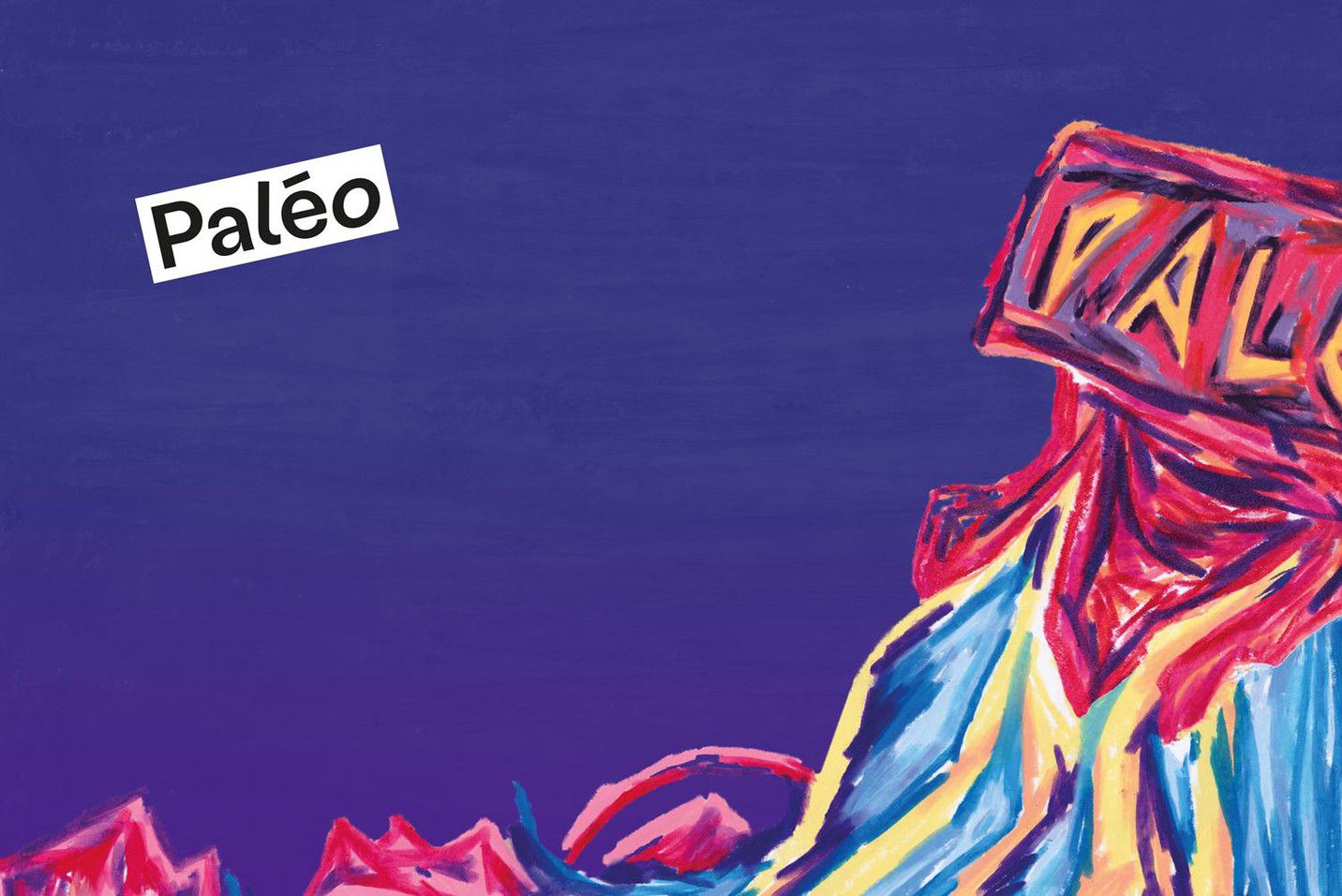 Affiche colorée du Festival Paléo à Nyon avec montagnes stylisées et foule levant les mains vers le ciel.