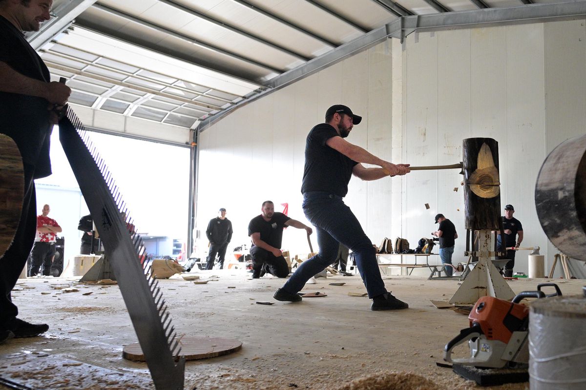 Entraînement des équipes Suisse, Américaine et Canadienne pour les championnats du monde de Timbersports à Aigle.