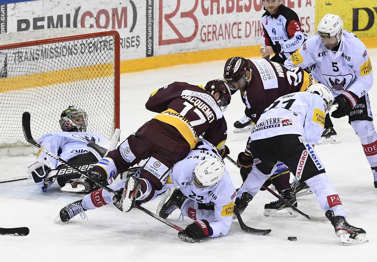 BERRA (FR) - JACQUEMET - WINNIK (GS) - SUTTER - JOERG - FURRER (FR)           27.3.2021 , Genève-Servette - Fribourg Gottéron  GS-FRphoto Eric Lafargue