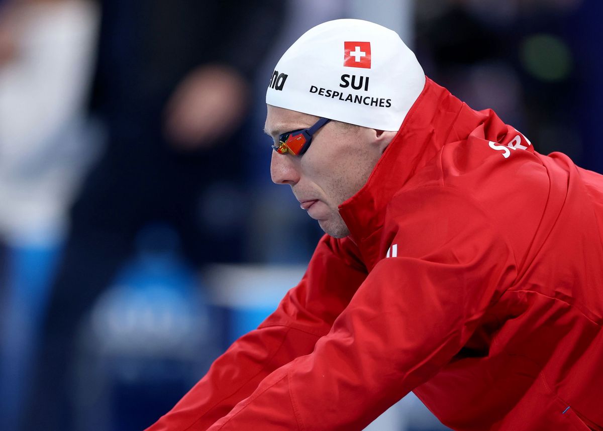 NANTERRE, FRANCE - AUGUST 01: Jeremy Desplanches of Team Switzerland prepares to compete in the Men's 200m Individual Medley Semifinals on day six of the Olympic Games Paris 2024 at Paris La Defense Arena on August 01, 2024 in Nanterre, France. (Photo by Maddie Meyer/Getty Images)