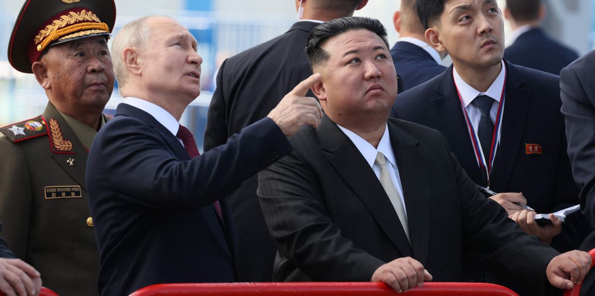 (FILES) In this pool photo distributed by Sputnik agency, Russia's President Vladimir Putin (centre L) and North Korea's leader Kim Jong Un (centre R) visit the Vostochny Cosmodrome in Amur region on September 13, 2023. North Korean leader Kim Jong Un on June 12, 2024 hailed his country's ties with Russia, saying the two nations were "invincible comrades-in-arms", amid reports President Vladimir Putin will visit Pyongyang imminently. (Photo by Mikhail Metzel / POOL / AFP)