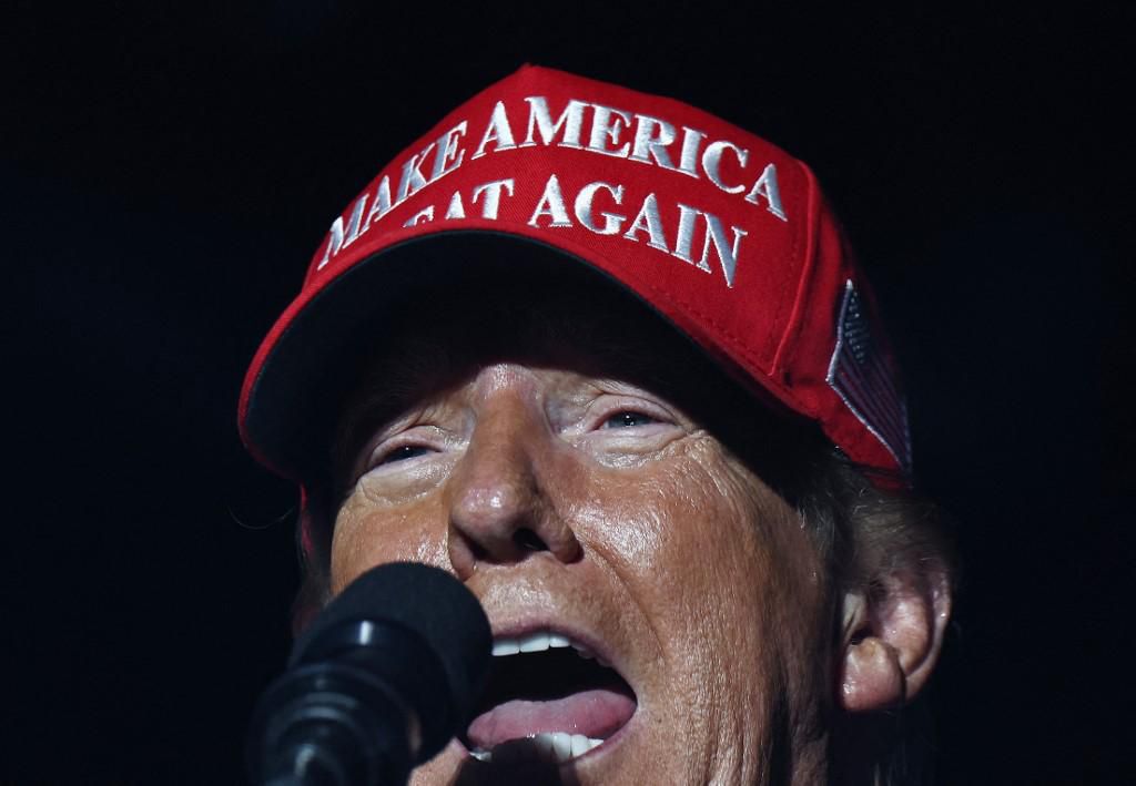 COACHELLA, CALIFORNIA - OCTOBER 12: Republican presidential nominee, former U.S. President Donald Trump speaks at a campaign rally on October 12, 2024 in Coachella, California. With 24 days to go until election day, former President Donald Trump is detouring from swing states to hold the rally in Democratic presidential nominee, Vice President Kamala Harris' home state.   Mario Tama/Getty Images/AFP (Photo by MARIO TAMA / GETTY IMAGES NORTH AMERICA / Getty Images via AFP)