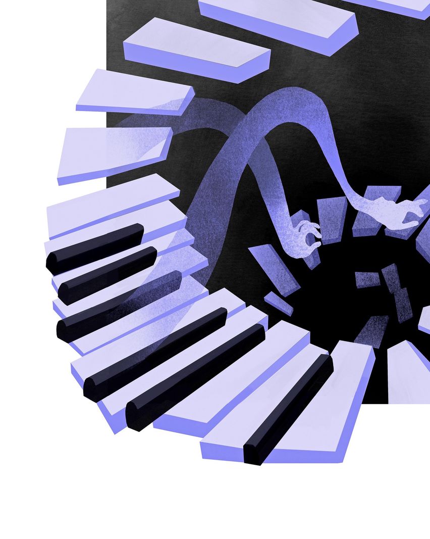 Illustration d’un clavier de piano en spirale sur fond noir avec des touches blanches et noires, donnant une illusion de profondeur.