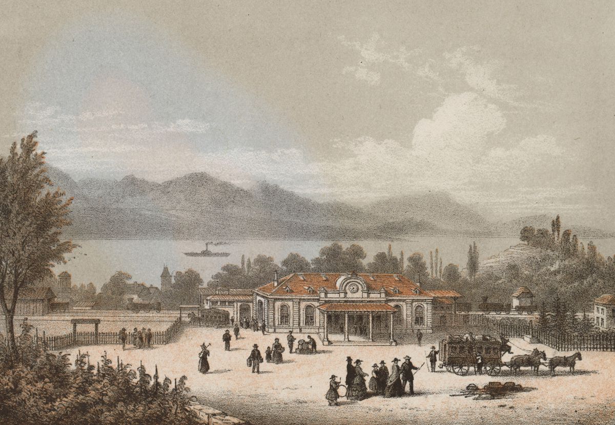 La Gare de Lausanne vers 1860 3) Description sommaire (auto) : Aut: Lafon, E.. Aut. tech: Cuvillier, Adrien. Titre (aut.) : Gare de Lausanne. Date: 1860. Tech. gén: estampe; estampe à plat. Tech. spéc: lithographie. Image: C_MHL112453; haute définition (1).