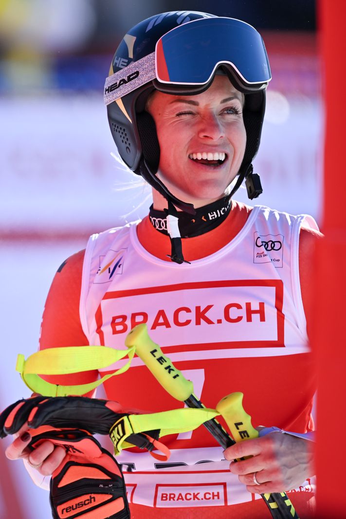 Lara Gut-Behrami of Switzerland reacts in the finish area during the women's Downhill race at the Alpine Skiing FIS Ski World Cup, in St. Moritz, Switzerland, Saturday, December 9, 2023. (KEYSTONE/Gian Ehrenzeller)