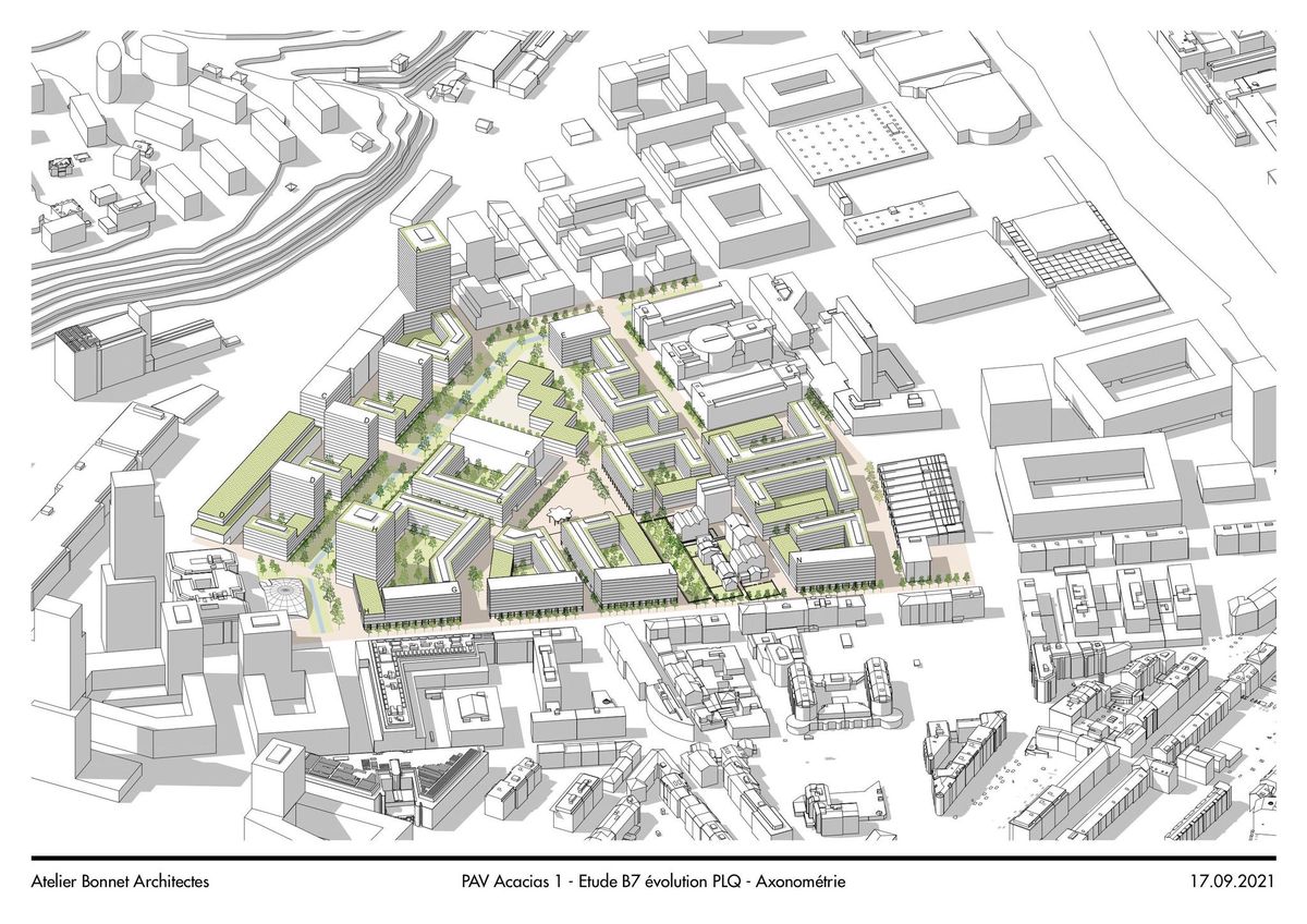 Le futur quartier des Acacias, délimité par la route des Acacias (en bas) et la route des Jeunes (à gauche), tel que modifié dans la nouvelle version du plan localisé de quartier.