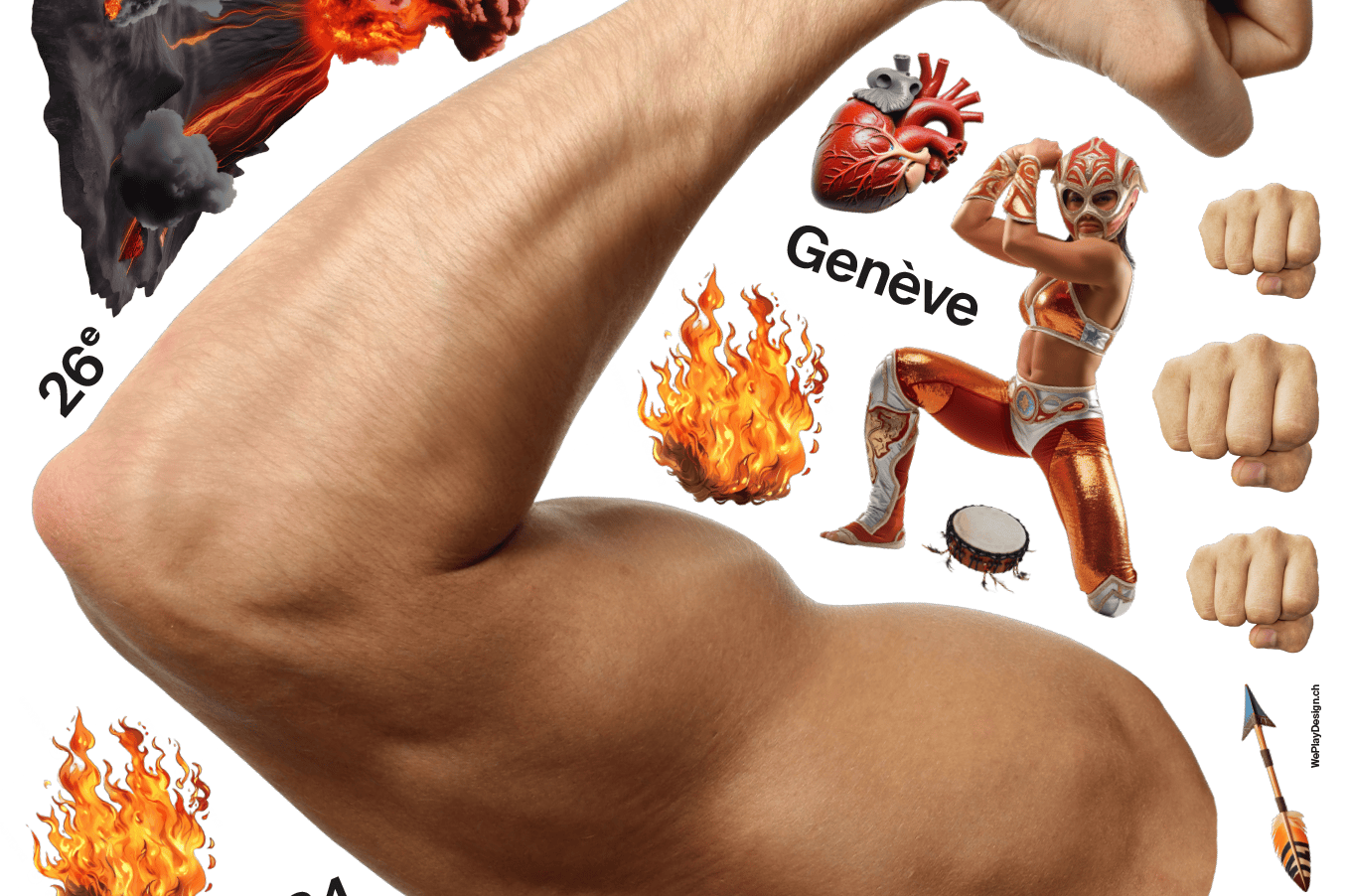 Affiche pour FILMAR en América Latina, avec un bras musclé, un luchador masqué, des volcans en éruption et des dates, 15-24.11.24.