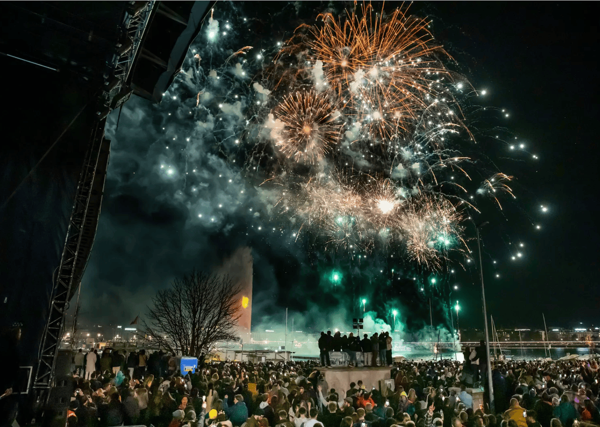 Feu d’artifice éclatant au-dessus d’une foule rassemblée lors d’une célébration nocturne avec ciel étoilé en arrière-plan.