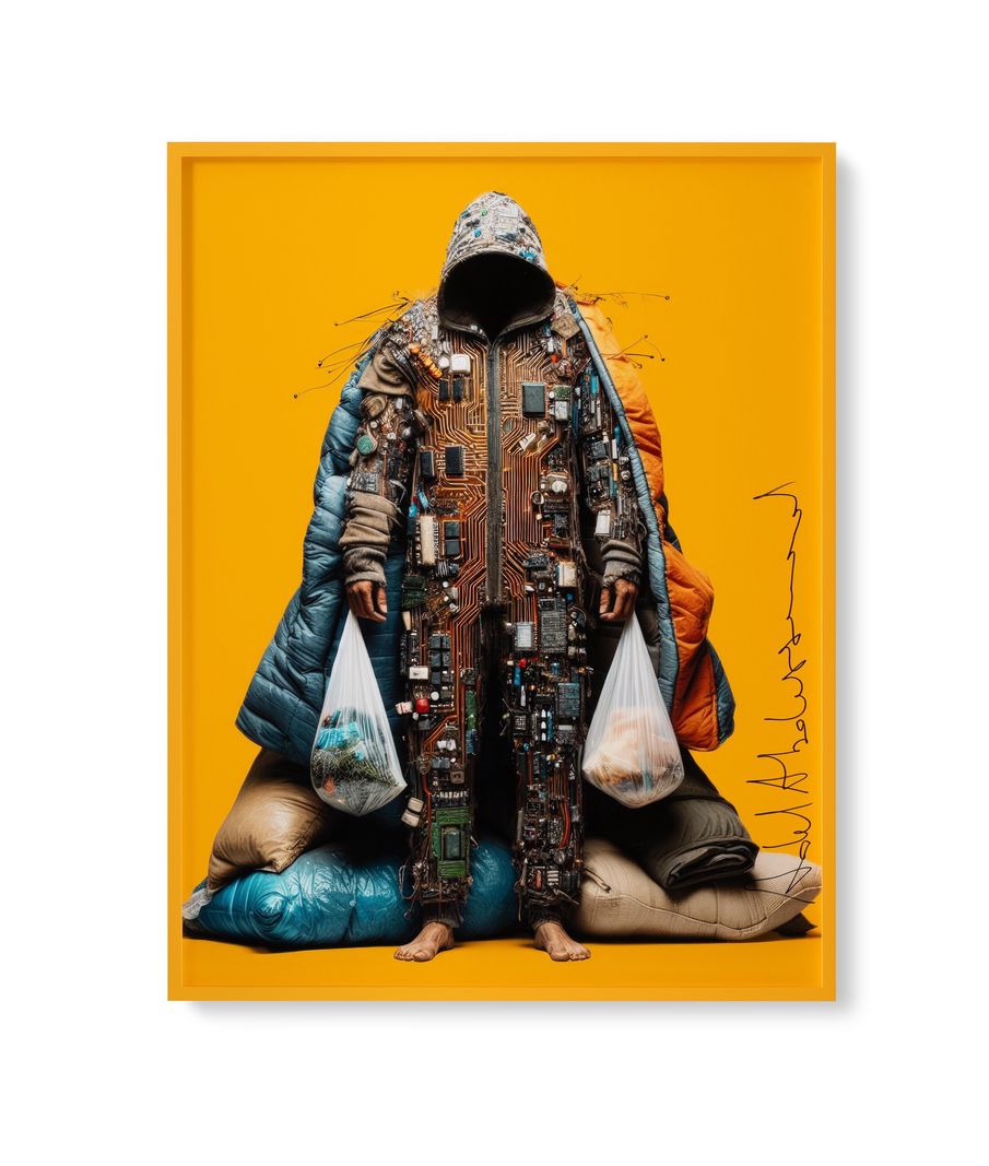 Personne vêtue d’un manteau intégré de circuits imprimés, tenant des sacs en plastique, debout devant un fond jaune avec des coussins colorés.