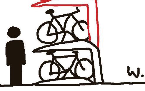 Illustration eines schwarzen und roten Fahrradständers mit drei Fahrrädern und einer menschlichen Silhouette. Logo der Landbote-Kolumnen.
