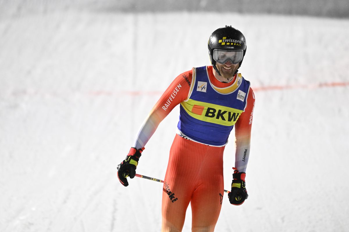 Alex Fiva of Switzerland reacts at the Ski Cross World Cup race in Arosa, Switzerland, on Tuesday, December 12, 2023. (KEYSTONE/Gian Ehrenzeller)
