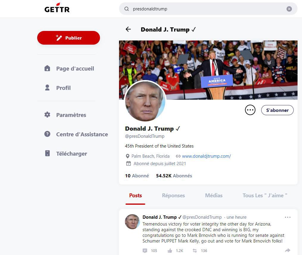 Page du compte de Donald Trump sur GETTR. 