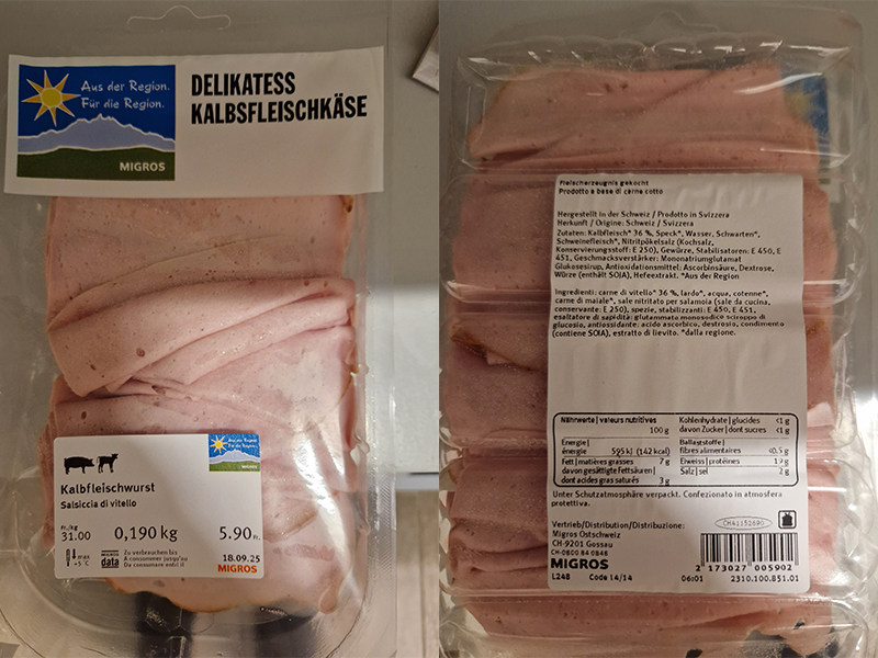 Verpackung von Delikatess Kalbfleischkäse von Migros mit Etiketten und Preisinformationen, 0,190 kg, 5,90 CHF.