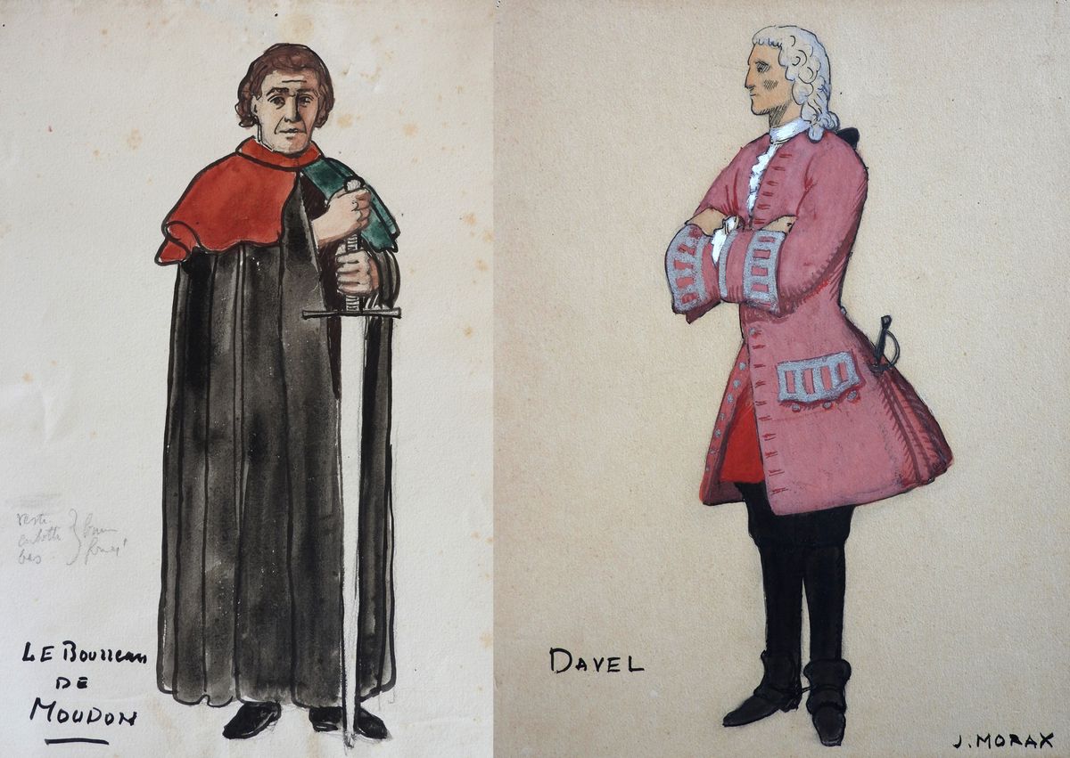 Deux projets de costumes de Jean Morax pour le spectacle «Davel» donné à Mézières en 1923. Des aquarelles d’abord conservées par l’interprète du rôle du major, Gaston Bridel, puis remises au Théâtre du Jorat par ses descendants.