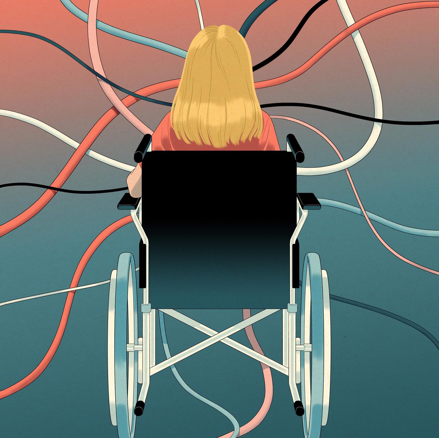 Illustration d'une personne blonde de dos, assise dans un fauteuil roulant, entourée de fils colorés entrelacés sur un fond dégradé rouge et bleu.