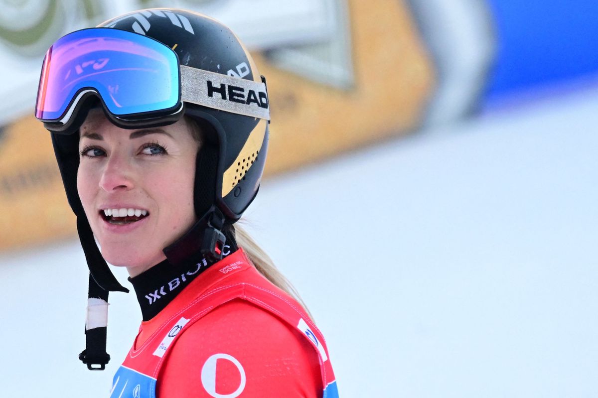 Switzerland's Lara Gut-Behrami, winner, smiles in the finish area after the second run of the Women's Giant Slalom event of FIS Alpine Skiing World Cup in Kronplatz, Plan de Corones, Italy on January 30, 2024. (Photo by Tiziana FABI / AFP)