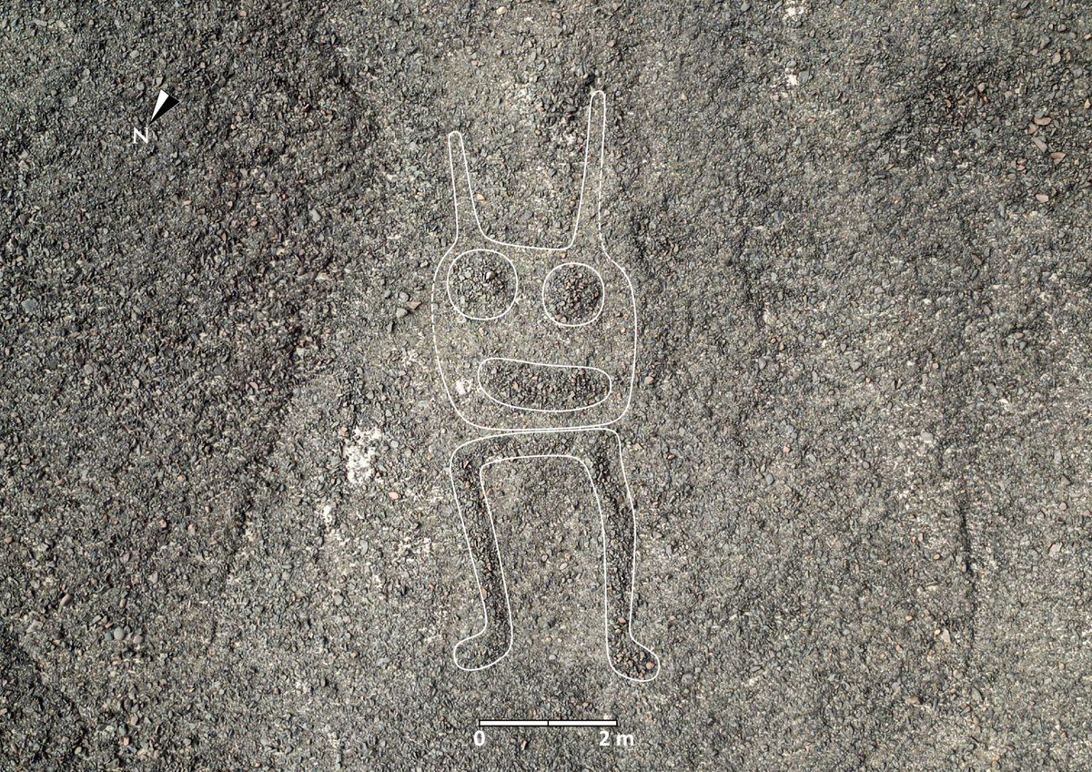 This undated handout picture released by the Yamagata University Institute of Nasca shows one of 303 new geoglyphs discovered by scientists at Yamagata University in Japan, where a team of researchers applied AI-assisted image analysis of aerial photographs, which accelerated the pace of geoglyph discovery during a 6-month fieldwork in the Nazca Pampas. The famous Nazca Lines, recognized as a World Heritage Site by UNESCO, are geoglyphs more than 2,000 years old with geometric and animal figures that can only be seen from the sky. (Photo by Handout / Yamagata University Institute of Nasca / AFP) / RESTRICTED TO EDITORIAL USE - MANDATORY CREDIT "AFP PHOTO / Yamagata University Institute of Nasca" - NO MARKETING NO ADVERTISING CAMPAIGNS - DISTRIBUTED AS A SERVICE TO CLIENTS