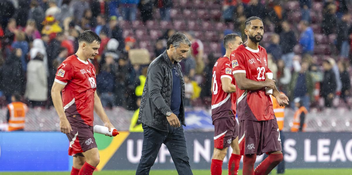 Switzerland's midfielder Fabian Rieder, Switzerland's Head coach Murat Yakin, 2nd left, Switzerland's midfielder Vincent Sierro, 2nd right, and Switzerland's defender Gregory Wuthrich, look disappointed after losing against the Spain's, during the UEFA Nations League group A4 qualifying  soccer match between Switzerland and Spain, at the Stade de Geneve, in Geneva, Switzerland, Sunday, September 8, 2024. (KEYSTONE/Salvatore Di Nolfi)