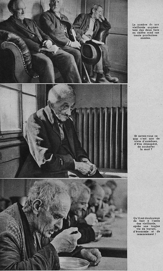 Des photos de vieillards suisses utilisées pour illustrer un article favorable à l’AVS paru le 2 juillet 1947 dans l’hebdomadaire «En famille je vois tout». Avec les légendes d’époque.