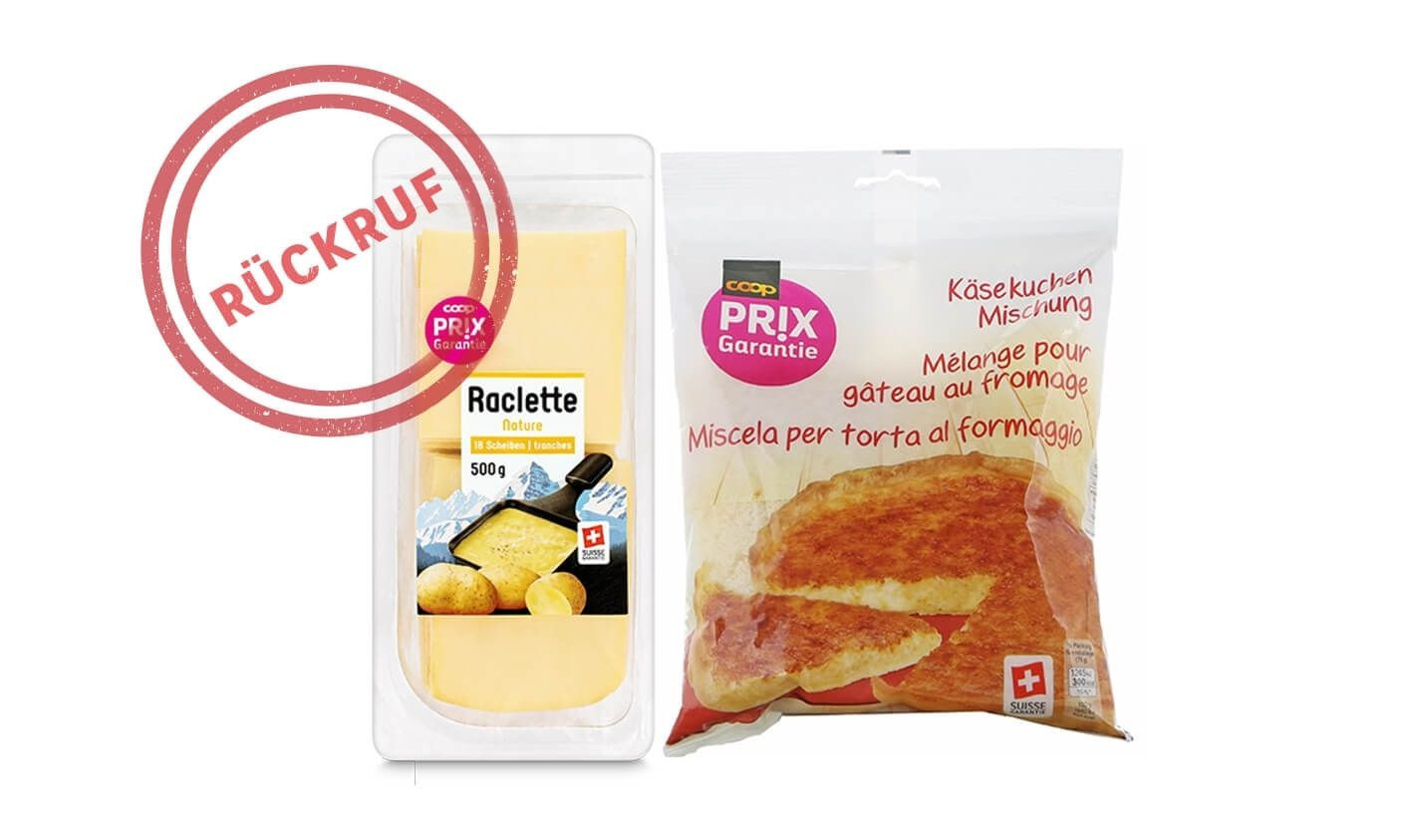 Raclette-Käse und Käsekuchen-Mischung von Prix Garantie mit Rückrufstempel.