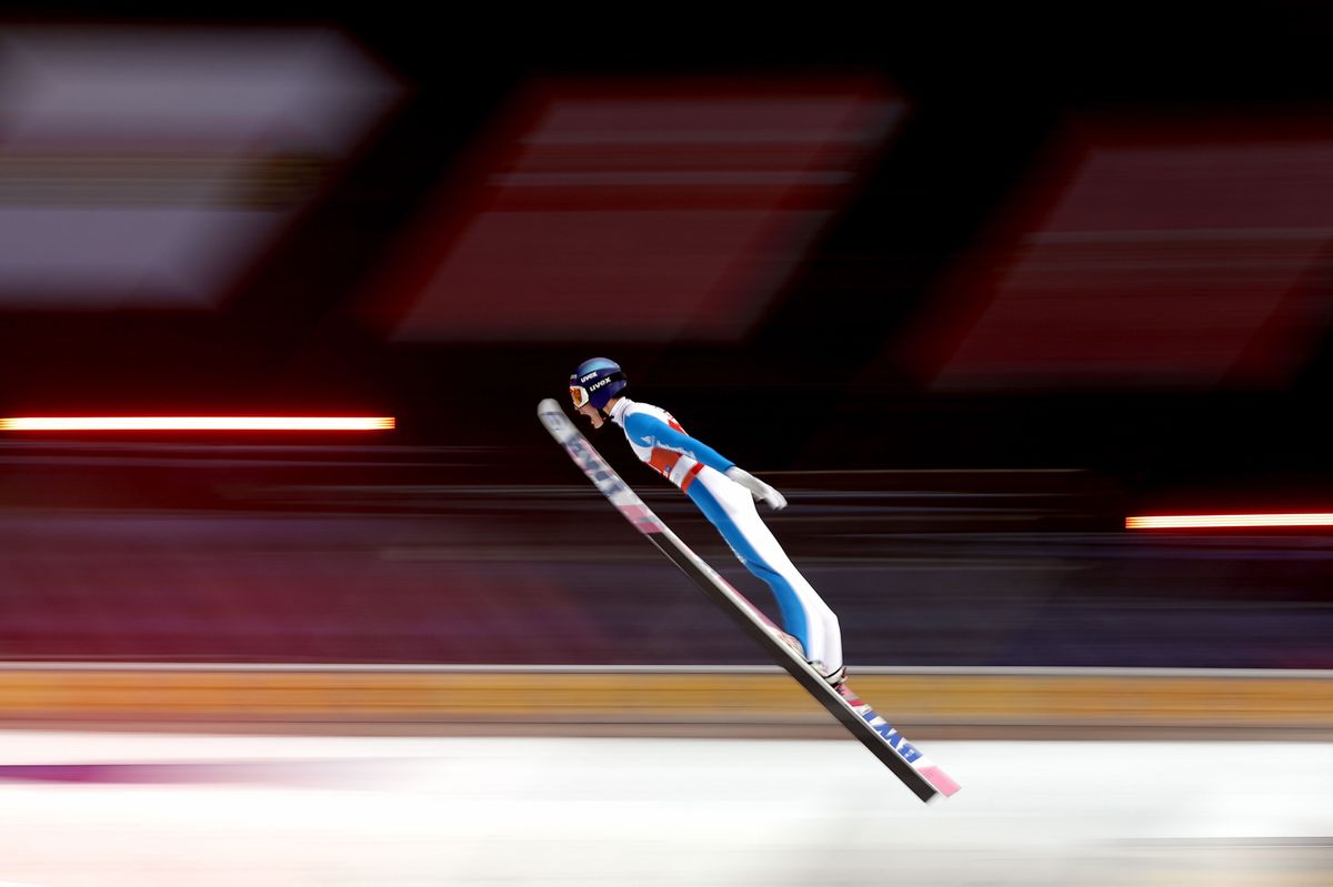 OBERSTDORF, GERMANY - FEBRUARY 27: Dominik Peter of Switzerland competes in the 1st round during the Men's Ski Jumping HS106 at the FIS Nordic World Ski Championships Oberstdorf at  on February 27, 2021 in Oberstdorf, Germany. (Photo by Alexander Hassenstein/Getty Images)
