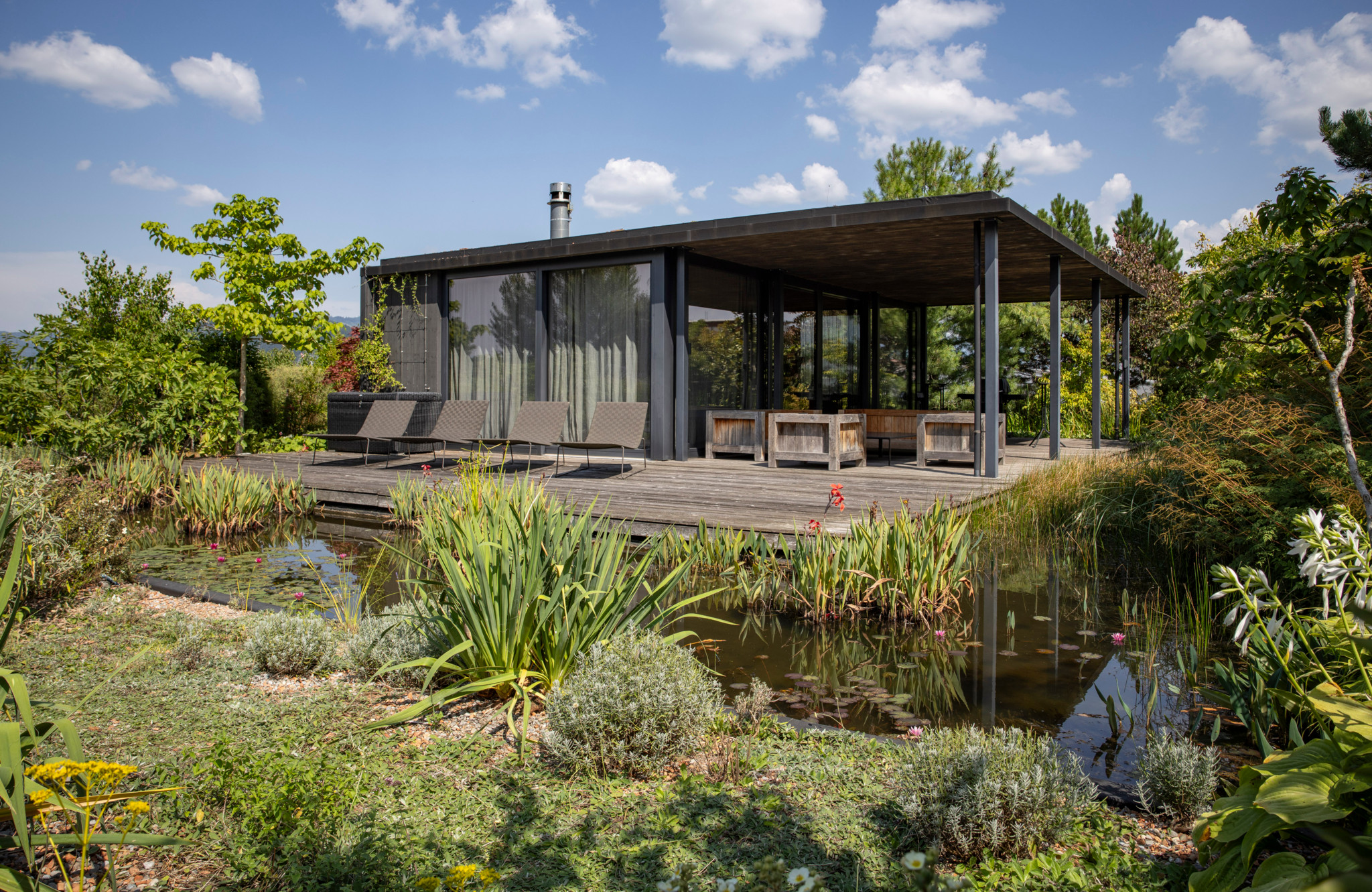 Biotop auf dem Dach der Firma Contec in Uetendorf, mit Themenweg und üppiger Vegetation, unter blauem Himmel.