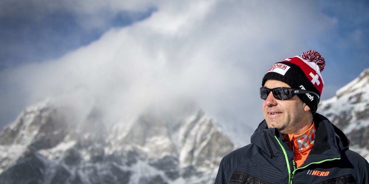 Didier Defago, former ski racer from Switzerland and designer of the slope, talks to journalists in the finish area of the new ski slope "Gran Becca" which will be used in the ski world cup calendar during a medias visit with in the background the Matterhorn mountain between the alpine ski resort of Zermatt in Switzerland and Breuil-Cervinia in Italy, Friday, November 26, 2021. The new alpine skiing races in the world cup calendar will start in autumn 2023. The course, which starts at 3'800 meters above sea level and finished at 2'865 meters above sea level. (KEYSTONE/Jean-Christophe Bott)