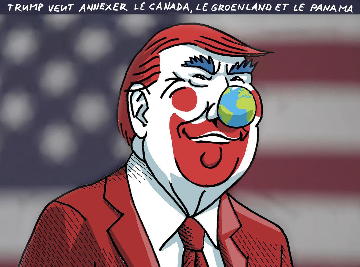 Illustration d’une figure ressemblant à un clown avec le nez en forme de globe terrestre, devant un drapeau américain. TEXTE: ’Trump veut annexer le Canada, le Groenland et le Panama’.