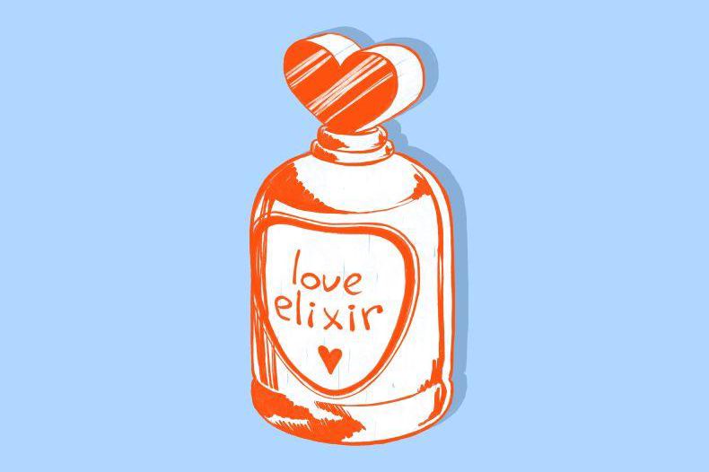 Illustration d'une bouteille de parfum, nommée 'love elixir', avec un bouchon en forme de cœur, sur fond bleu.