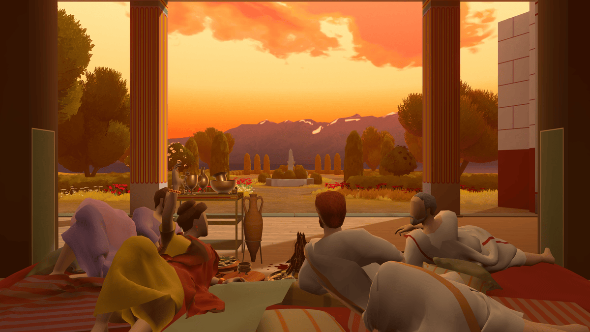 Scène antique où des personnes en toges sont allongées autour d'un repas, avec un paysage au coucher de soleil en arrière-plan.