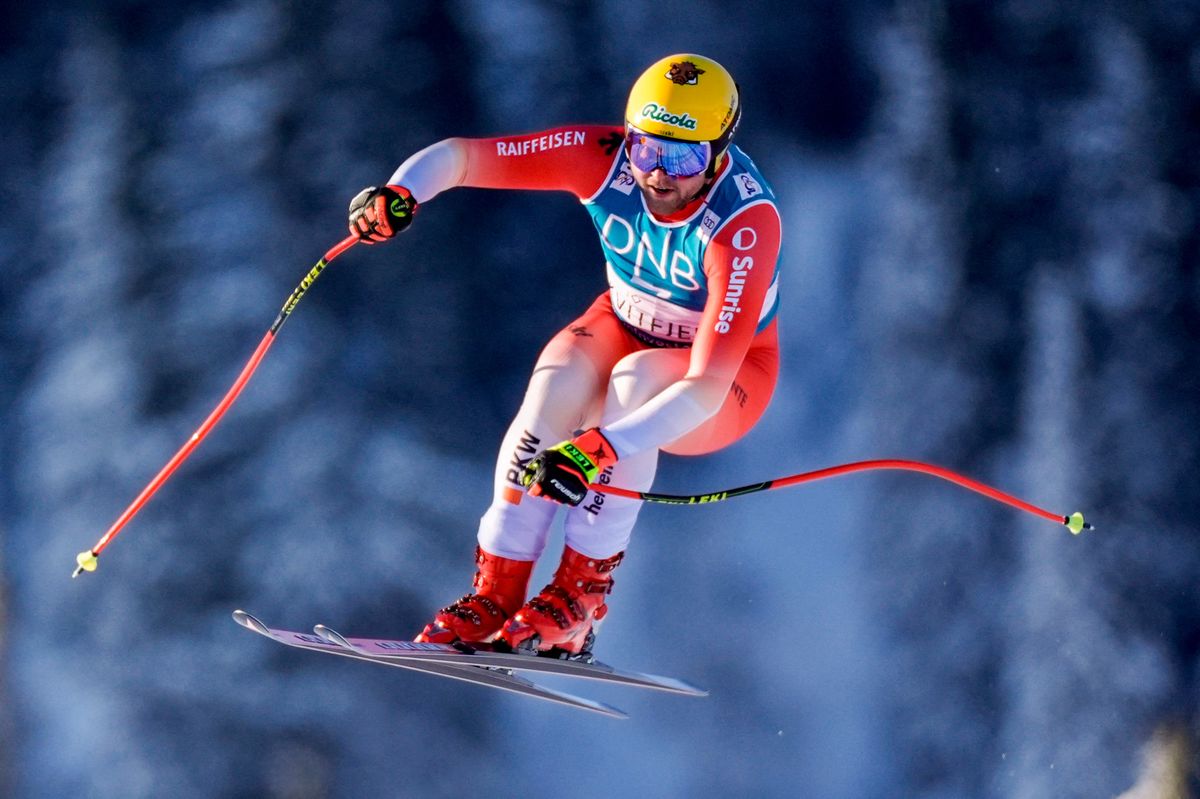Niels Hintermann from Switzerland competes during the downhill world cup in Kvitfjell, Norway on February 17, 2024. (Photo by Stian Lysberg Solum / NTB / AFP) / Norway OUT