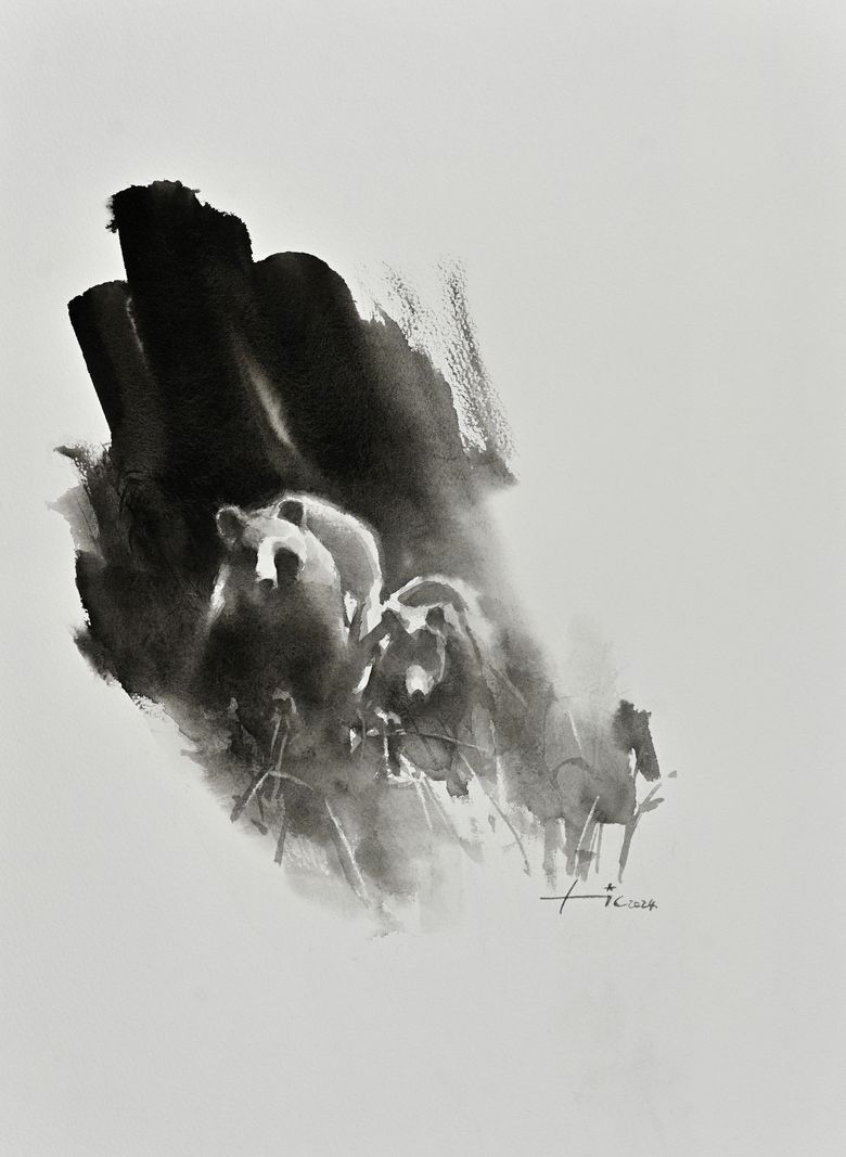 Peinture abstraite en noir et blanc représentant deux silhouettes d’ours avec des coups de pinceau sombres en arrière-plan.