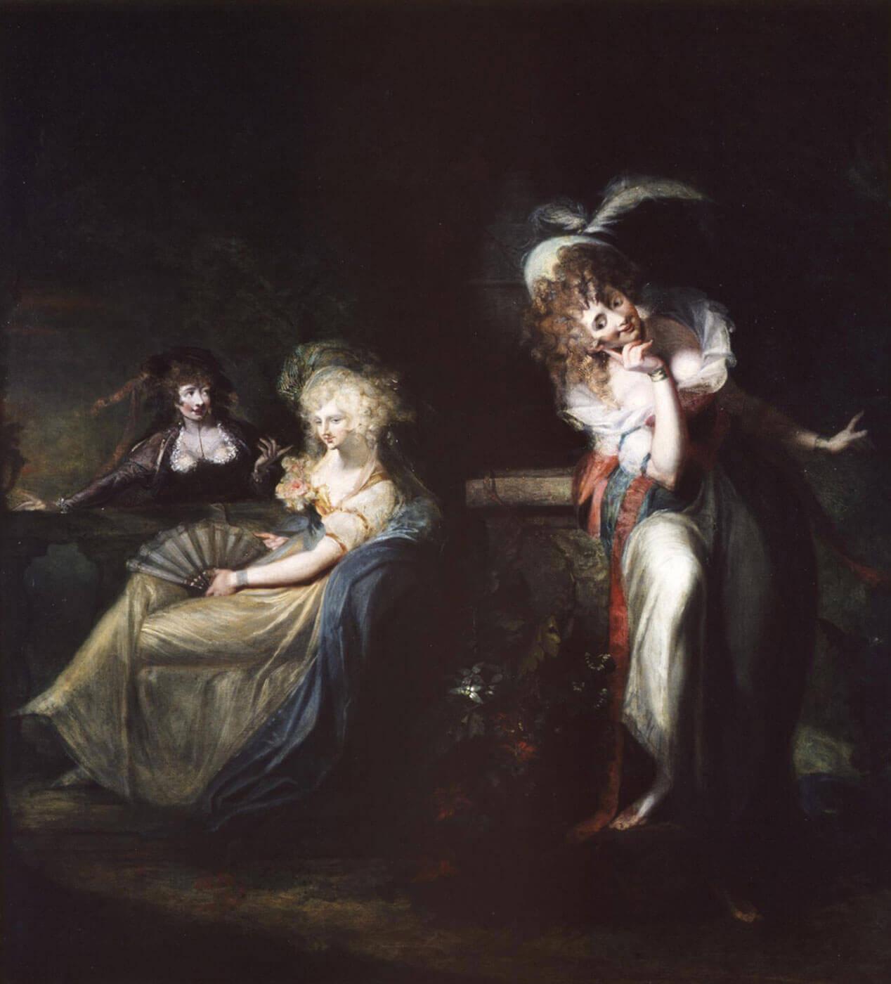 Trois femmes vêtues de robes élégantes du XVIIIe siècle dans une scène théâtrale sombre, l’une tenant un éventail.