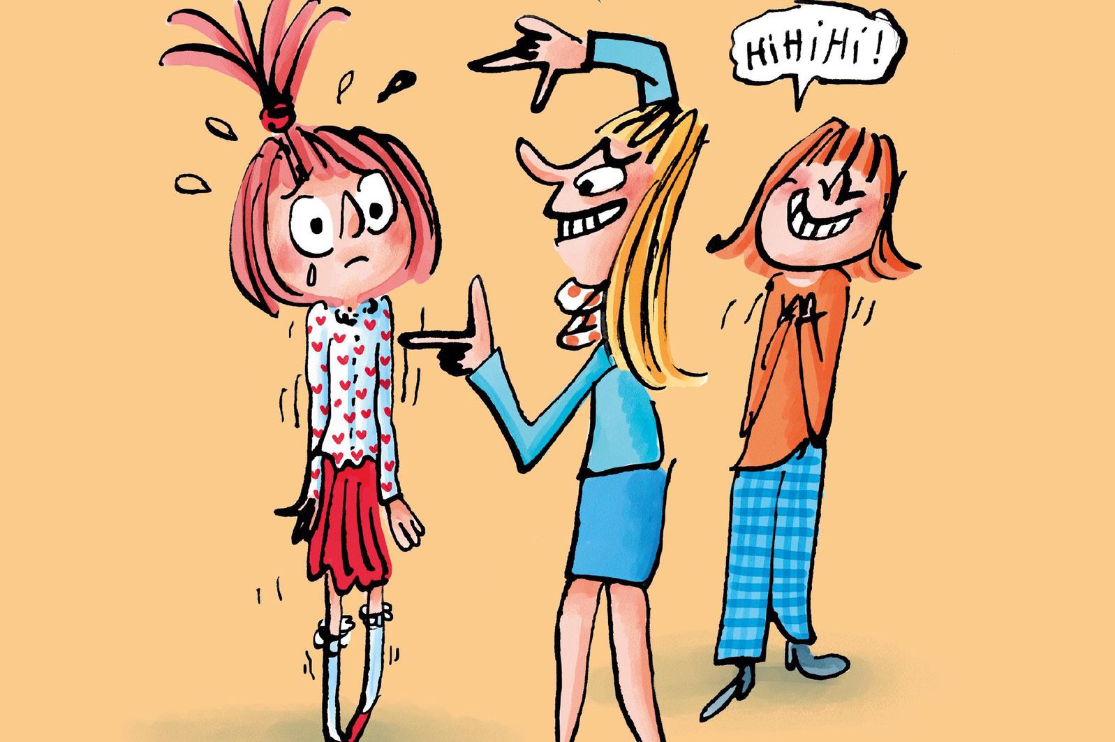 Deux filles moqueuses pointent du doigt une autre fille avec le mot 'LOOSEUSE' écrit au-dessus. La fille à gauche semble triste.