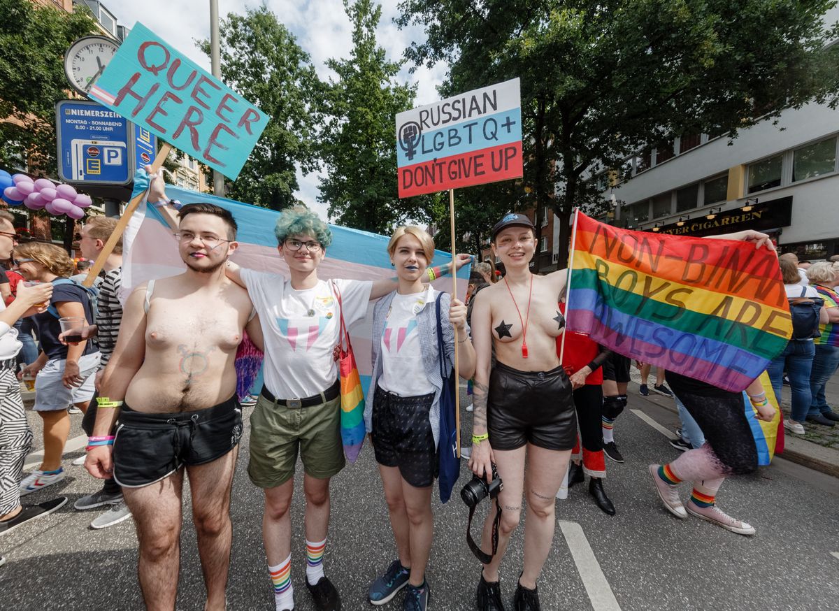 LGBT-activists from Russia take part in the Christopher Street Day gay pride parade in Hamburg, northern Germany, on August 3, 2019. (Photo by Markus Scholz / dpa / AFP) / Germany OUT