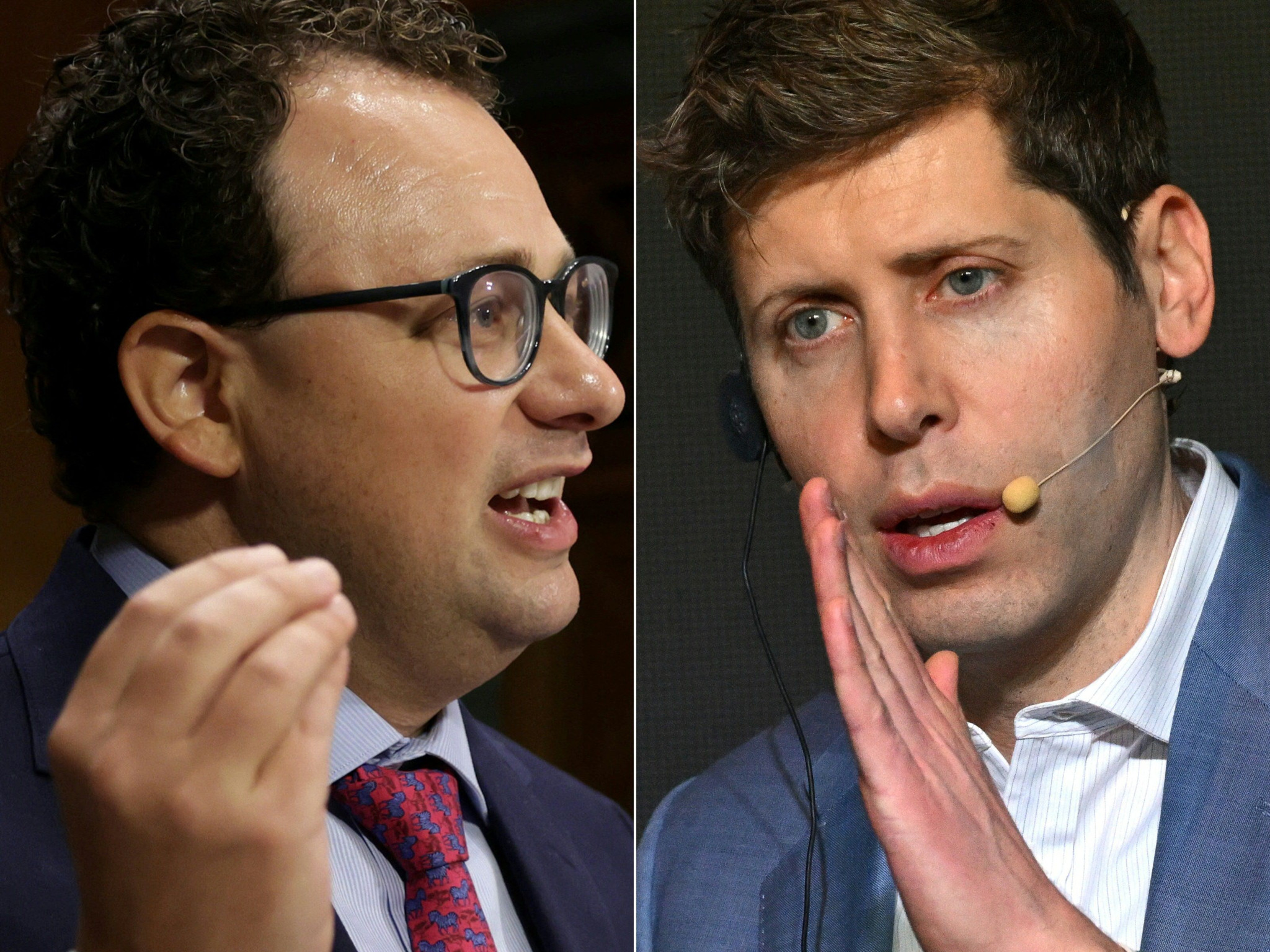 Montage photo de Dario Amodei, PDG d’Anthropic, à gauche, et Sam Altman, PDG d’OpenAI, à droite, tous deux partisans d’un ralentissement du développement de l’IA.