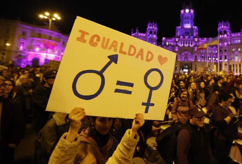 epa10510096 People gather around Cibele's Fountain and Madrid's Town Hall during a rally on the occasion of the International Women's Day in Madrid, Spain, 08 March 2023. Banner reads: equality. International Women's Day (IWD) is observed annually on 08 March worldwide to highlight women's rights, as well as issues such as violence and abuse against women. The theme of IWD 2023 is 'DigitALL: Innovation and technology for gender equality'. According to the United Nations, 37 percent of women around the world do not use the internet, leading to a digital gender gap that widens economic and social inequalities. EPA/Juan Carlos Hidalgo
